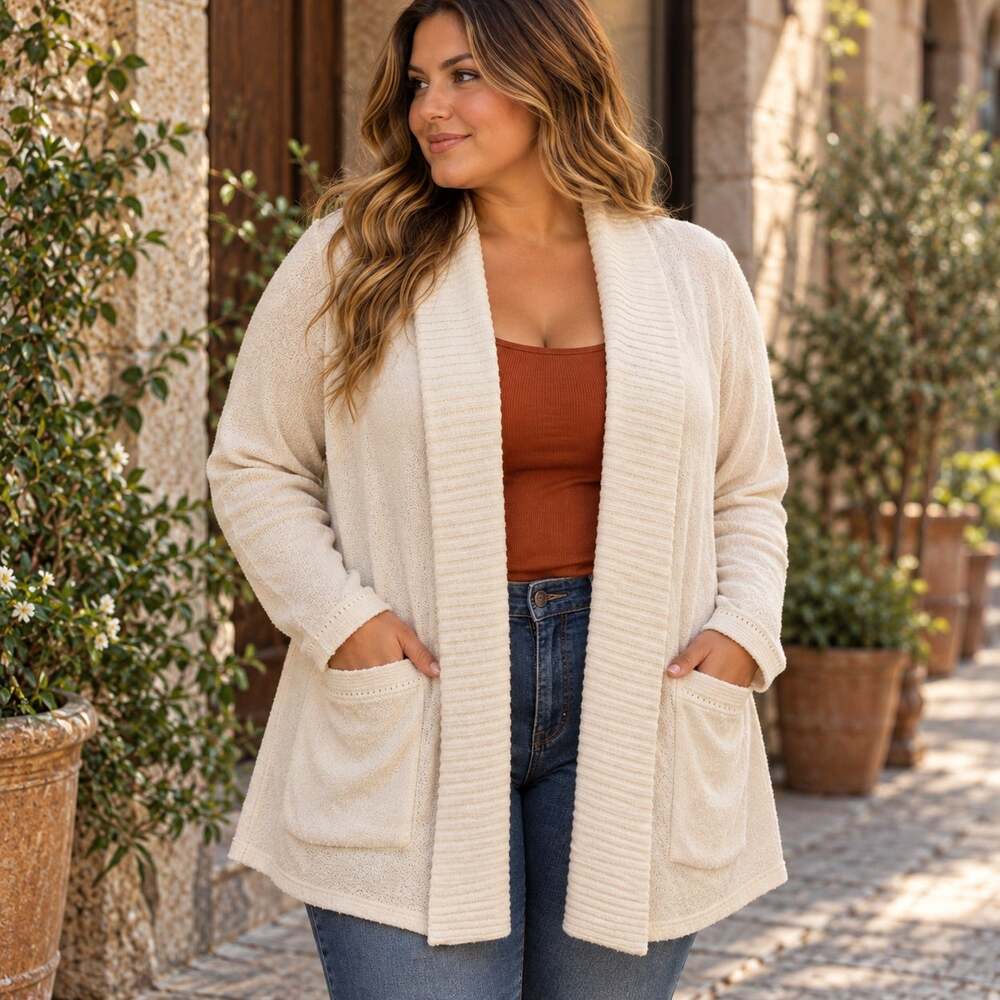 Maurices Ivory Open Front Long Cardigan Sweater Pockets Size 1